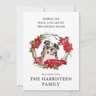 Watercolor Australian Shepherd Poinsettia Wreath Feiertagskarte