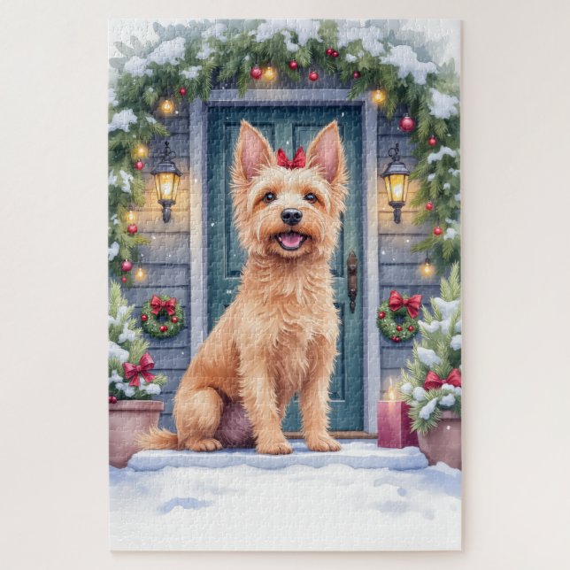 Watercolor Australian Silky Terrier Snowy Doorstep Puzzle (Vertikal)