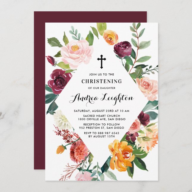 Watercolor Autumn Bloms Floral Frame Christening Einladung (Vorne/Hinten)