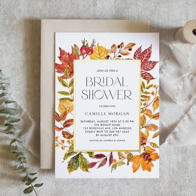 Watercolor Autumn lässt Frame Fall Brautparty Folieneinladung (Customizable Gold Foil Autumn Bridal Shower Invitation with Watercolor Foliage Frame)