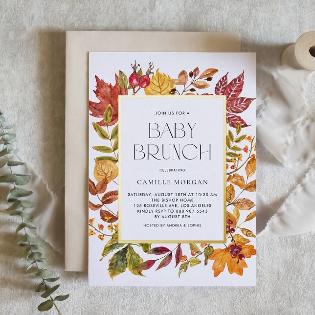 Watercolor Autumn Leaves Frame Fall Baby Brunch Folieneinladung (Customizable Autumn Gold Foil Baby Brunch Invitation with Watercolor Foliage Frame)