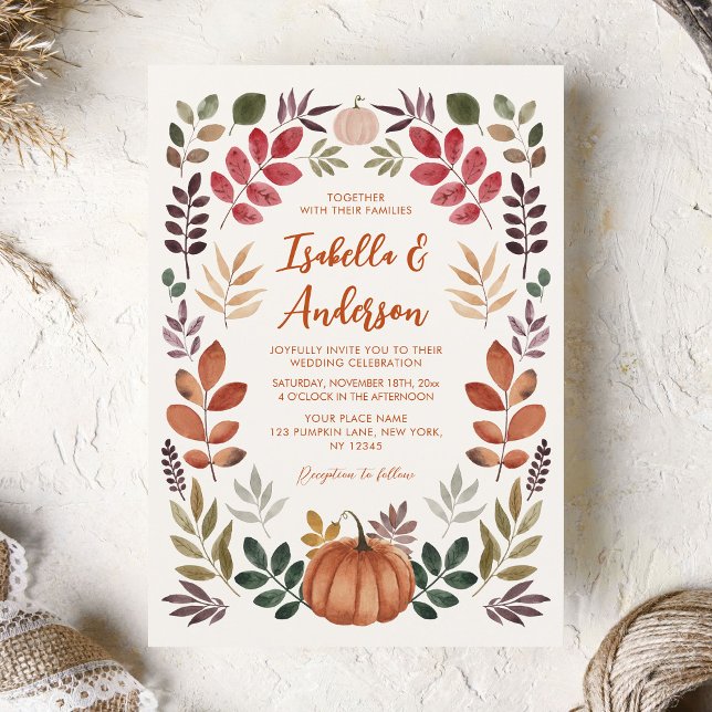 Watercolor Autumn Leaves Pumpkin Wedding Einladung (Von Creator hochgeladen)
