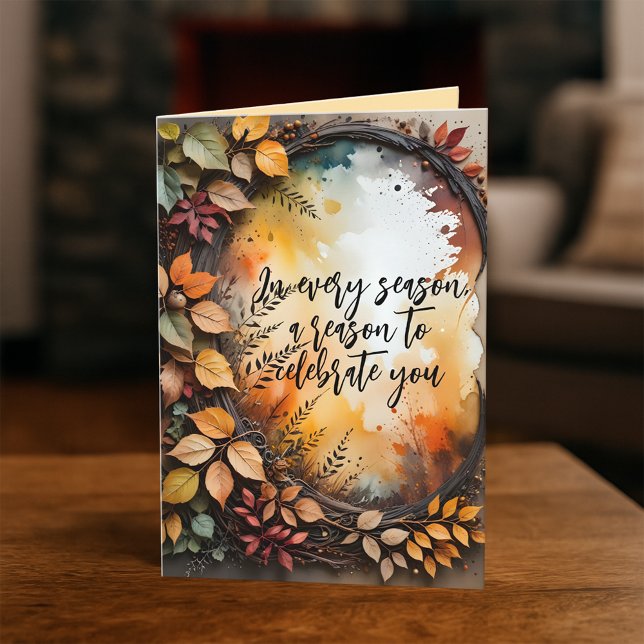 Watercolor Autumn Wreath "Celebrate You" Grüße Karte (Von Creator hochgeladen)