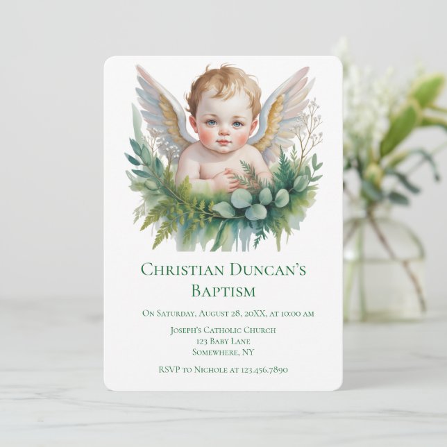 Watercolor Baby Angel Feather Wings Baptism  Einladung (Stehend Vorderseite)