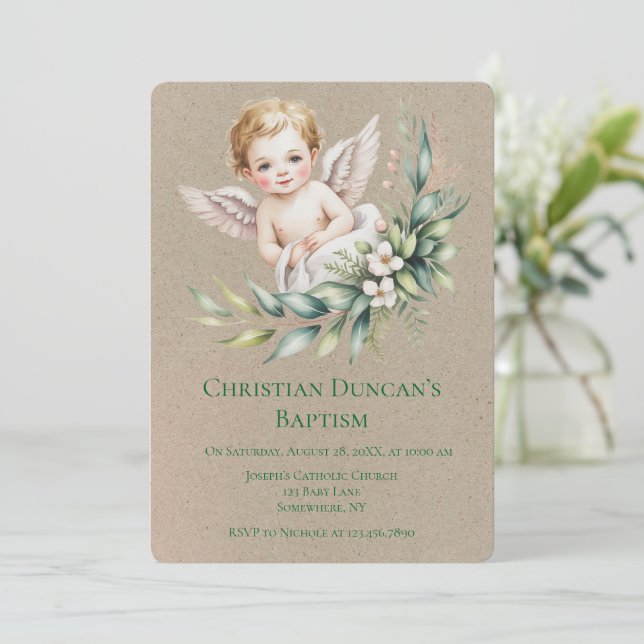 Watercolor Baby Angel Feather Wings Baptism  Einladung (Stehend Vorderseite)