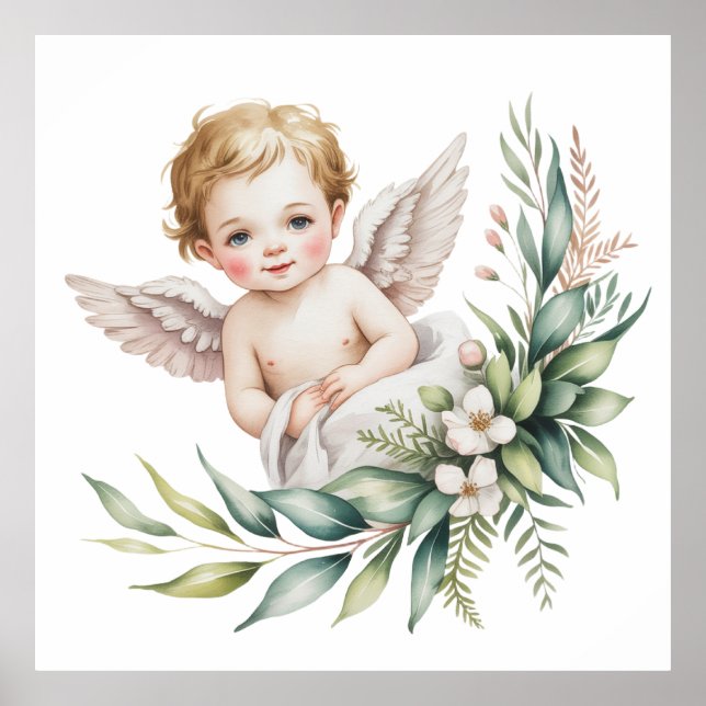 Watercolor Baby Angel Feather Wings Baptism  Poster (Vorne)