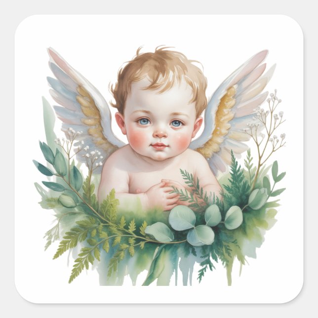 Watercolor Baby Angel with Greenery Baptism  Quadratischer Aufkleber (Vorderseite)