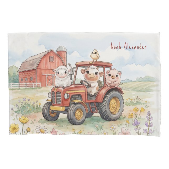 Watercolor Baby Animals Driving Red Tractor Farm Kissenbezug (Vorderseite)