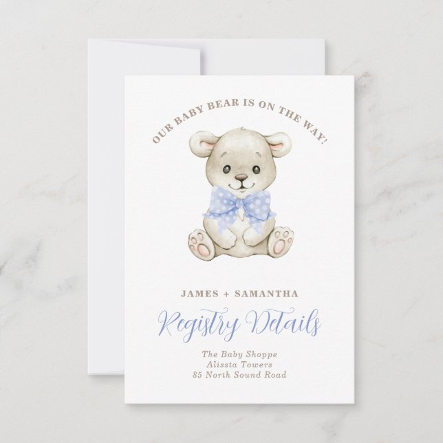 Watercolor Baby Bear Blue Bow Geschenkregister Ankündigung (Vorderseite)