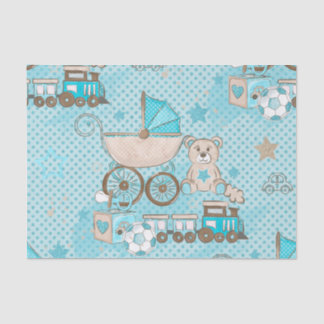 WATERCOLOR BABY BLUE TEDDY BEAR CARS BLOCKS SEIDENPAPIER