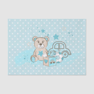 WATERCOLOR BABY BLUE TEDDY BEAR CARS BLOCKS SEIDENPAPIER