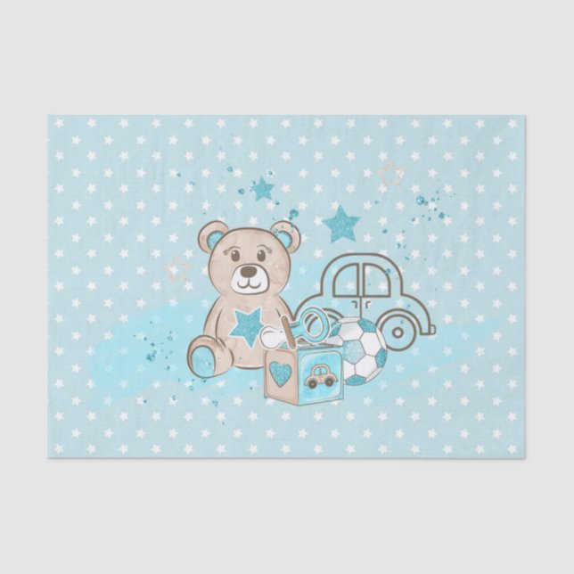 WATERCOLOR BABY BLUE TEDDY BEAR CARS BLOCKS SEIDENPAPIER (Vorderseite)