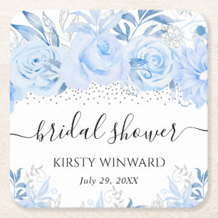 Watercolor Baby Blue Winter Blume Brautparty Rechteckiger Pappuntersetzer