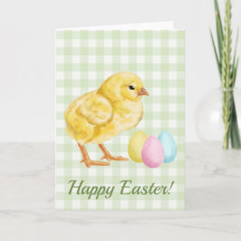Watercolor Baby Chick And Eggs On Green Easter Karte