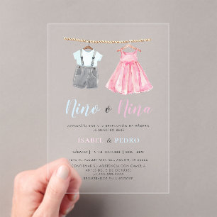 Watercolor Baby Clothes Spanisch Gender Reveal Acryleinladungen