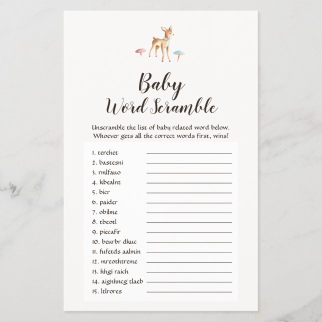 Watercolor Baby Deer Baby Word Scramble Game Flyer (Vorne)