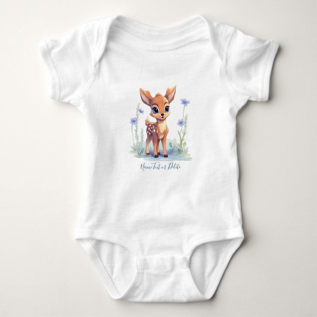 Watercolor Baby Deer Blue Flowers Baby Bodysuit Baby Strampler (Vorderseite)