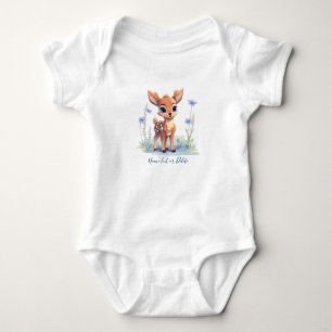 Watercolor Baby Deer Blue Flowers Baby Bodysuit Strampler
