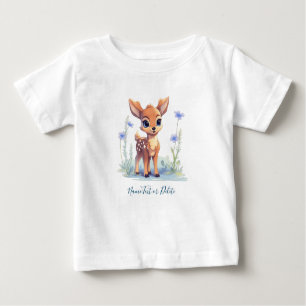 Watercolor Baby Deer Blue Flowers Baby T - Shirt