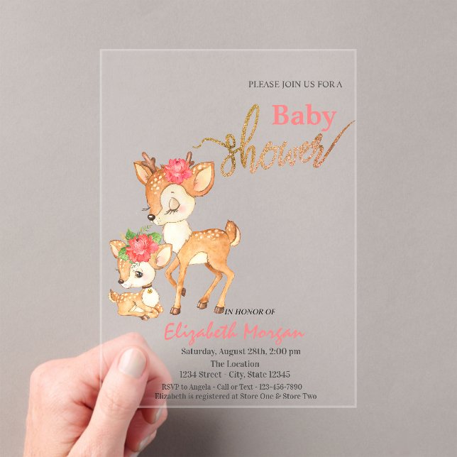Watercolor Baby Deer Flowers Pink Baby Shower Acryleinladungen (Insitu (Handheld))