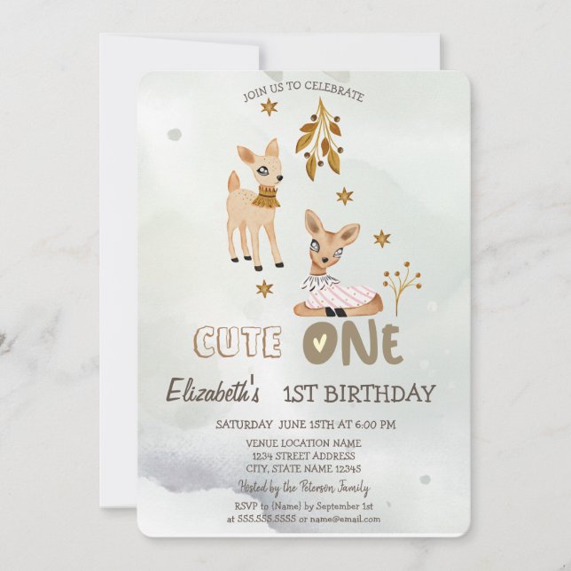 Watercolor Baby Deer Green 1. Einladung (Vorderseite)