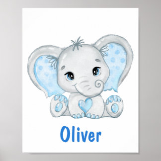 Watercolor Baby Elephant Blue Boy Kinderzimmer Pos Poster