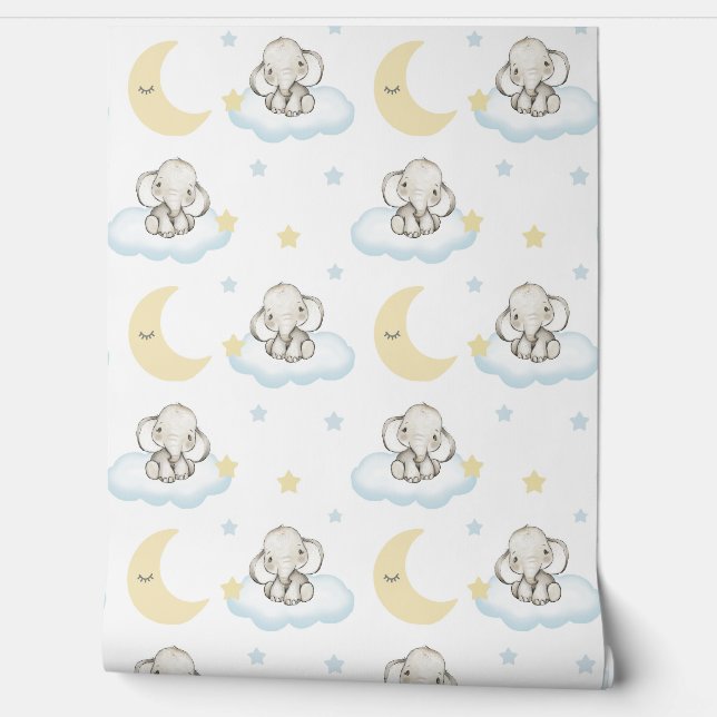 Watercolor Baby Elephant Clouds Stars Sleepy Moon Tapete (Abrollen)