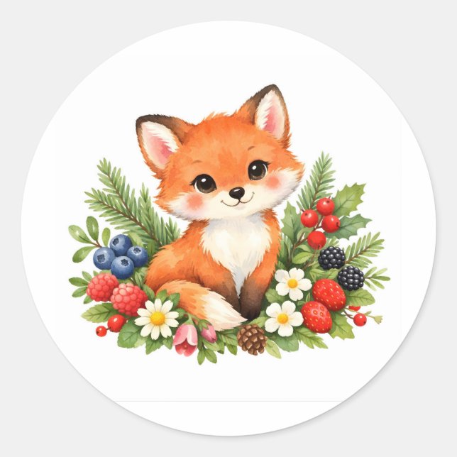 Watercolor Baby Fox with Berries and Flowers  Runder Aufkleber (Vorderseite)