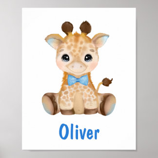 Watercolor Baby Giraffe Blue Boy Kinderzimmer Post Poster