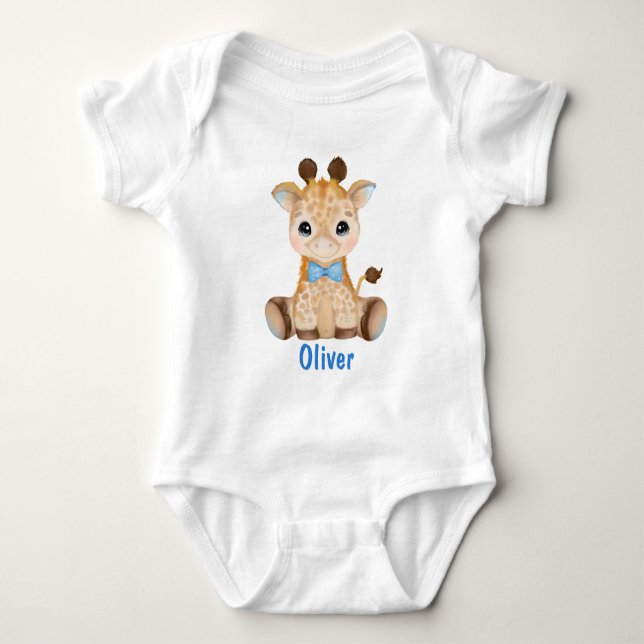 Watercolor Baby Giraffe Blue Boy Strampler (Vorderseite)