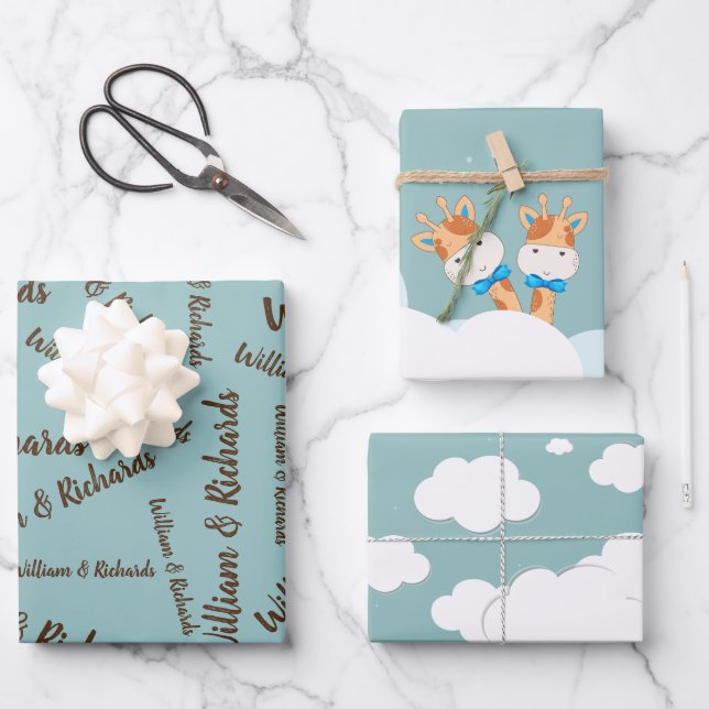 Watercolor Baby Giraffe, Safari Zwillinge zum Gebu Geschenkpapier Set (Vorderseite)