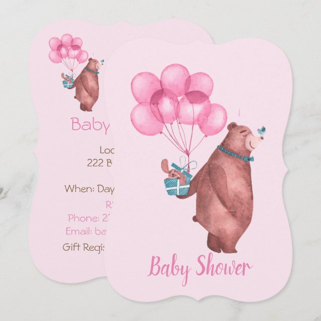 Watercolor Baby Girl Bear Balloons Invitation Einladung (Vorne/Hinten)