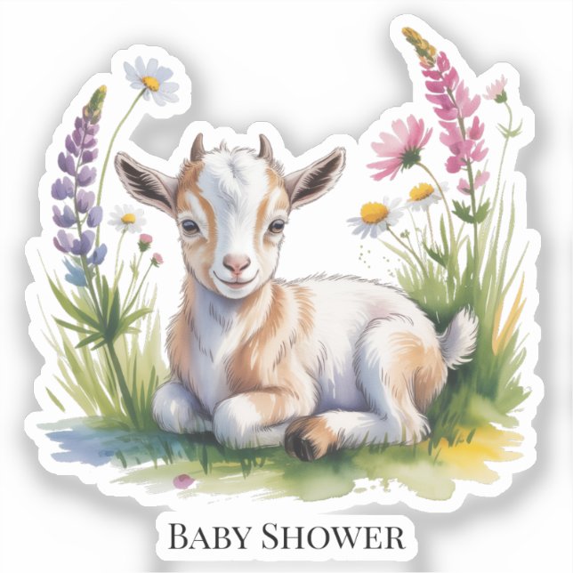 Watercolor Baby Goat with Wildflowers Baby Shower Aufkleber (Vorderseite)