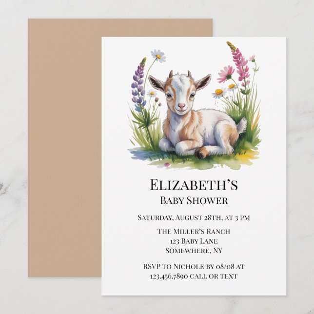 Watercolor Baby Goat with Wildflowers Baby Shower Einladung (Vorne/Hinten)