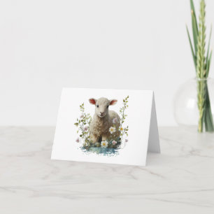 Watercolor Baby Lamm mit Blume BLANK Karte