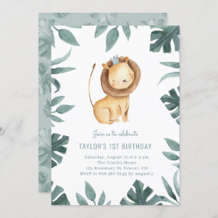 Watercolor Baby Lion Prince Greenery Geburtstag Einladung