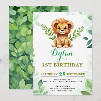 Watercolor Baby Lion Prince Greenery Geburtstag Einladung
