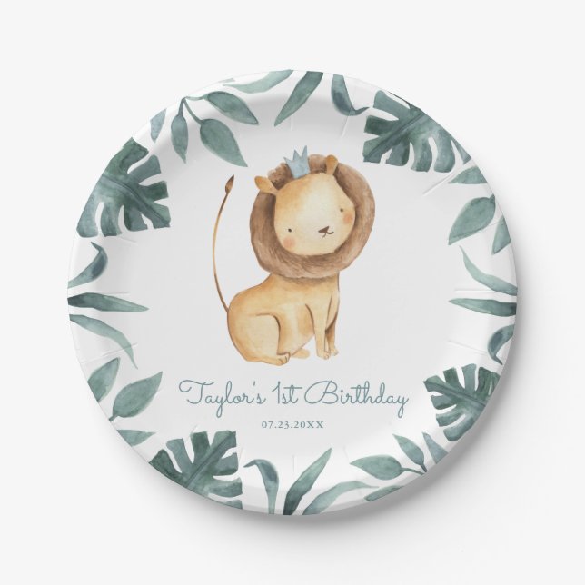 Watercolor Baby Lion Prince Tropical Birthday Pappteller (Vorderseite)