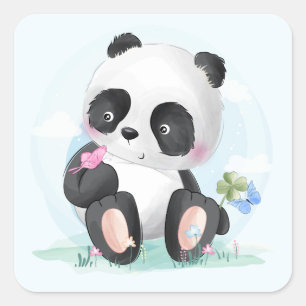 Watercolor Baby Panda Bear Quadratischer Aufkleber