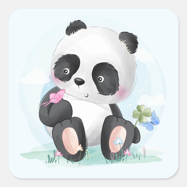 Watercolor Baby Panda Bear Quadratischer Aufkleber (Vorderseite)