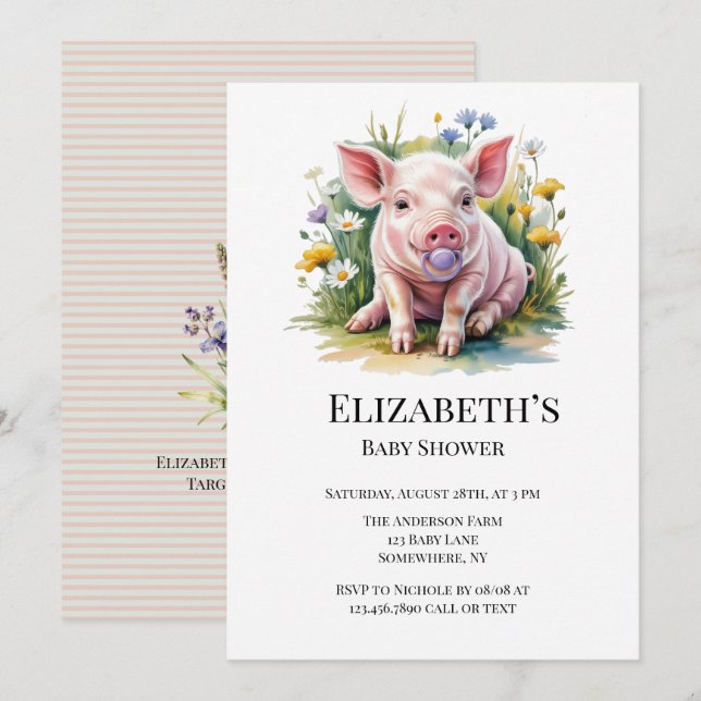 Watercolor Baby Pig Wildflowers Baby Shower Einladung (Vorne/Hinten)