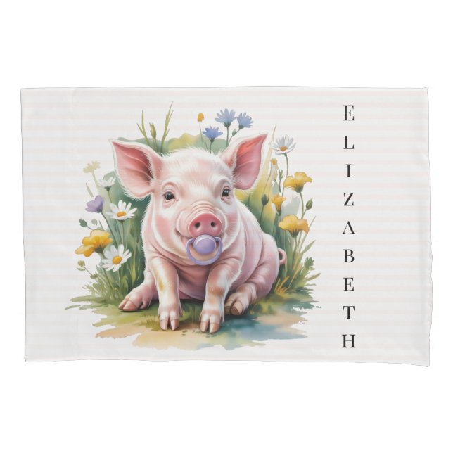Watercolor Baby Pig Wildflowers Baby Shower Gift Kissenbezug (Vorderseite)