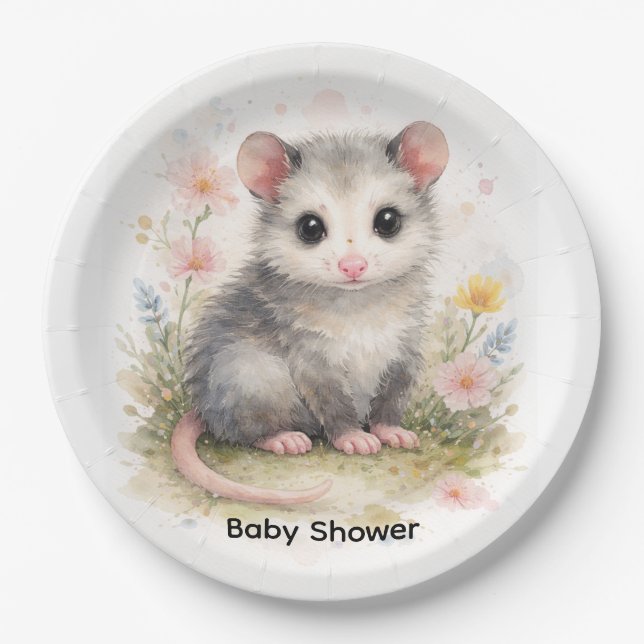 Watercolor Baby Possum Baby Shower Pappteller (Vorderseite)
