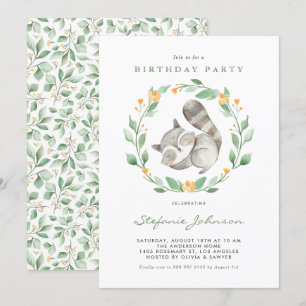 Watercolor Baby Raccoon Wreath Kindergeburtstag Einladung