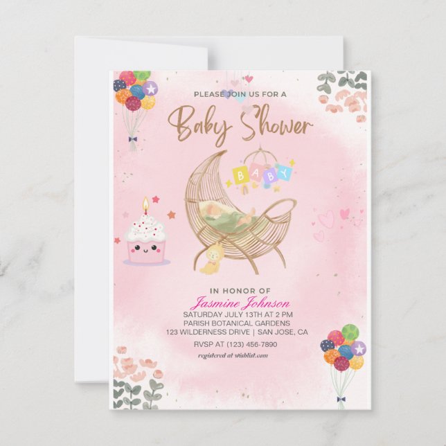 Watercolor Baby Shower Einladung: Cradle & Balloo Einladung (Vorderseite)