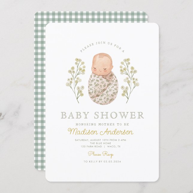Watercolor Baby White Blume Elegante Babydusche Einladung (Von Creator hochgeladen)