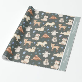 Watercolor Baby Winter Animes on Green Christmas Geschenkpapier