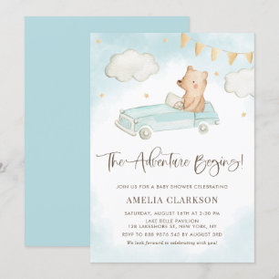 Watercolor-Babybär-Vintage-Auto Blau Baby Shower Einladung