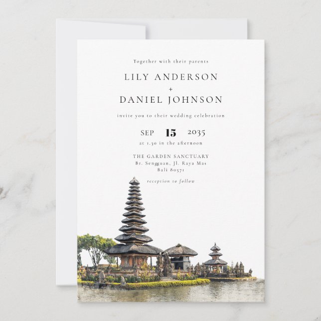 Watercolor Bali Temple QR Code Wedding Einladung (Vorderseite)