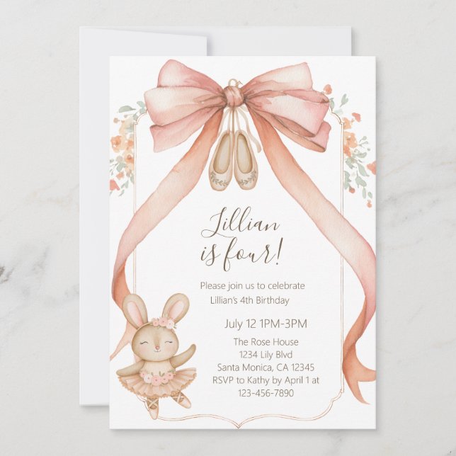 Watercolor Ballet Girls Fourth Birthday Einladung (Vorderseite)